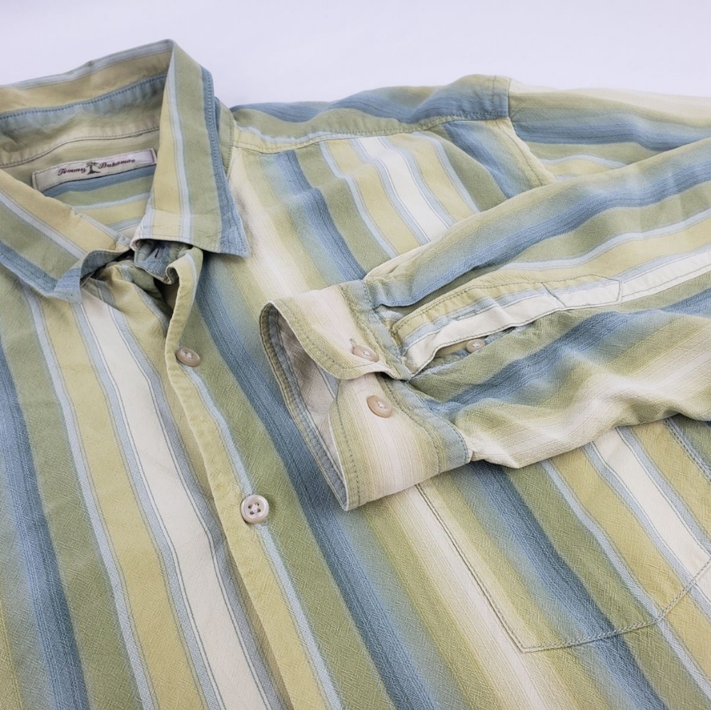 TOMMY BAHAMA Long Sleeve Button Up 100% SILK Men's Size XL Yellow & Blue Striped